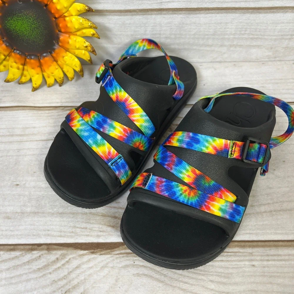 Chaco‎ Kids Chillos Tie Dye Sport Sandals Black Rainbow Straps Size 4 Junior